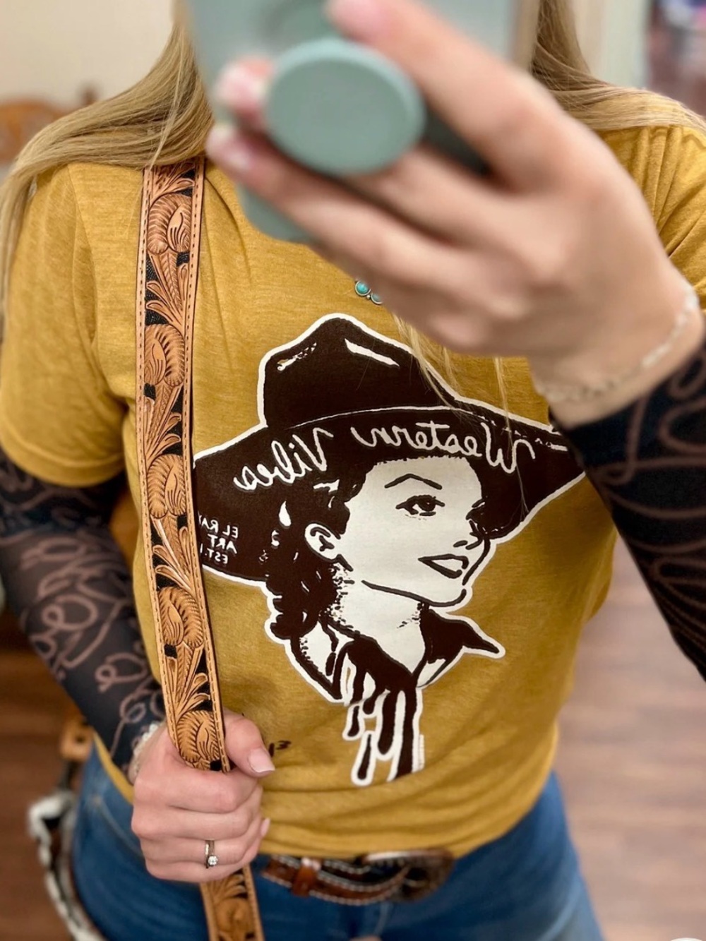 Cherokee Mustard Yellow Graphic Tee with Cream Print
